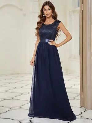 Women Classic Round Neck V Back Lace Bodice Bridesmaid / Evening Blue Dress UK 8 • £32.99