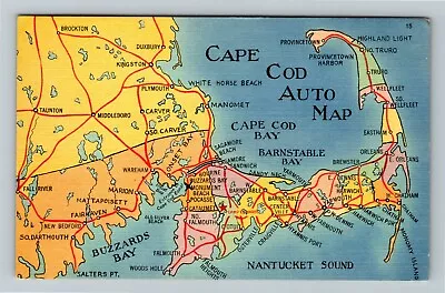 Cape Cod MA-Massachusetts Auto Map Vintage Souvenir Postcard • $7.99