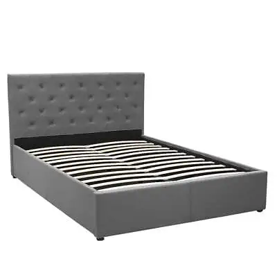 $199 • Buy Demo Queen Fabric Gas Lift Bed Frame With Headboard - Dark Grey