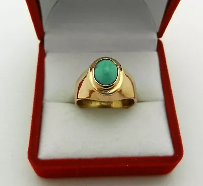 Vintage Solid 18k Gold Dome Ring With Green Turquoise Cabochon 7.1 Grams Size 7 • $495