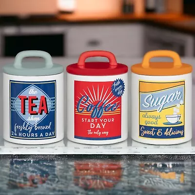 Set Of 3 Retro Canister Set-Tea/Coffee/Sugar Storage Jars Kitchen Essentials • £19.99