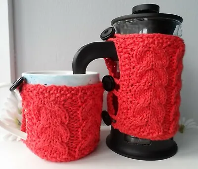 Hand Knitted Cafetiere Cover Coffee Pot French Press Cosy & Mug Hug Cup Cover  • £9.50