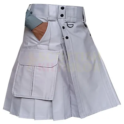 Scottish Handmade Men's Light Grey Tactical Duty Kilt Utility Hybrid Kilt • $128.23