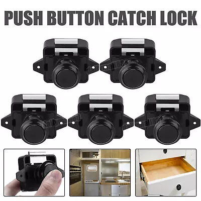 5x Push Button Catch Lock Door Cabinet Drawer Campervan Pop Up Latch Knob Black • £10.79