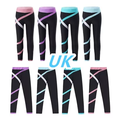 UK Kids Girls Yoga Leggings High Waist Tights Pants Figure Ice Skating Trousers • £13.07