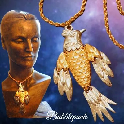 Vintage Large Articulated Bird Figural Pendant Statement Necklace ~ Estate • $50