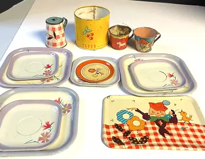 Vintage Children's Play Dishes Metal Tin Colorful Lot • $9.99