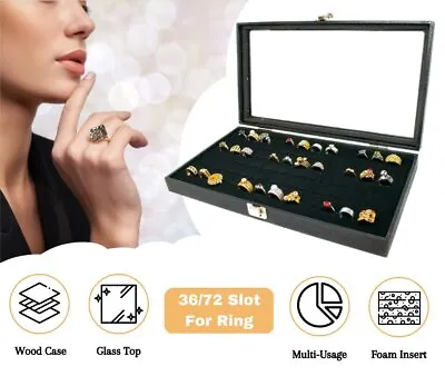 Novel Box Glass Top Black Jewelry Display Case With 36 Or 72 Foam Ring Inserts • $18.99