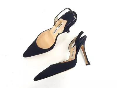 Manolo Blahnik Black Satin Pointy Toe Slingback Pumps Shoes Size 36.5 • $129.99