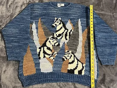 Vintage 80s Manos Del Uruguay Handspun Virgin Wool Knit Sweater Unisex Zebras • £56.41