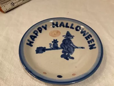 MA Hadley Pottery Blue  4” Trinket Dish Coaster Halloween Fall Witch On A Broom • $49.99