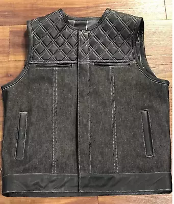 Leather Vest Black Leather Black Denim Diamond Quilted Biker Vest Motorcycle • $195