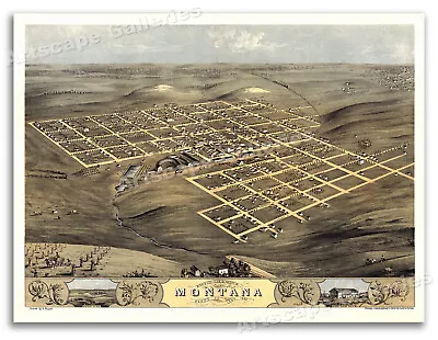 Bird's Eye View 1868 Montana Iowa Vintage Style City Map - 18x24 • $13.95