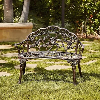 Patio Garden Bench Chair Porch Park Cast Aluminum Outdoor Rose Antique Bronze • $85.99