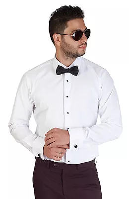 Men Lay Down White Tuxedo Dress Shirt Slim Fit French Cuff Spread Collar AZARMA • $39.99