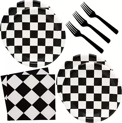 60 Pcs Checkered Race Car Party SuppliesRacing Themed Tableware Black And White • $21.24