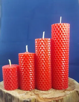 4 X Candles NATURAL BEESWAX PILLAR CANDLES  Red Colour Eco-friendly HANDMADE  • £11.80