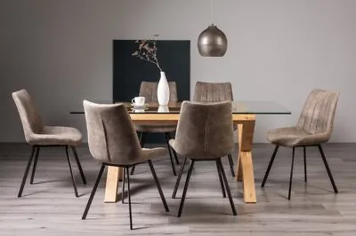 Goya Light Oak Glass 6 Seat Dining Table & 6 Fontana Tan Faux Suede Chairs • £1363