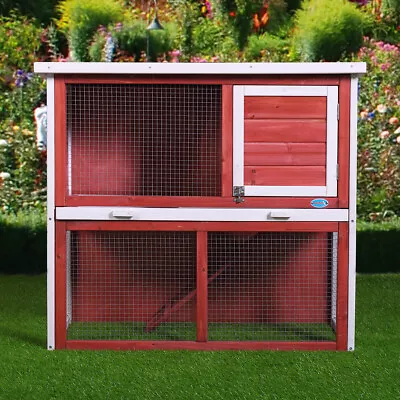 Wood Rabbit House Hutch 2-Tier Chicken Coop Hen Cage W/Removable Tray&Ramp Red • $92.99