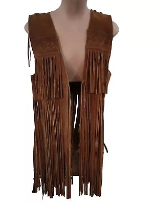 Vintage Suede Leather Waistcoat Vest Western XLong Double Fringe 60s70s BOHO S M • £90.26