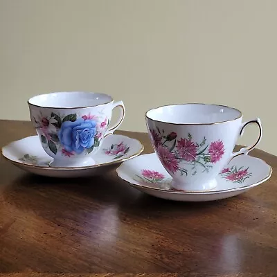 Vintage Royal Vale Bone China Tea Cup & Saucer Lot Of 2 Blue Rose Pink Flowers • $26.99