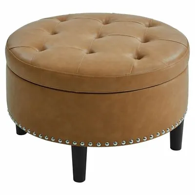 $155.53 • Buy Partner Furniture 30  Round Faux Leather Tufted Storage Ottoman In Light Brown