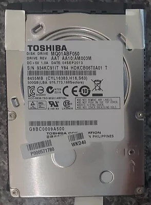 Toshiba MQ01ABF050 500Gb 2.5  Laptop Hard Disk Drive Sata - PARTS ONLY • £4.09