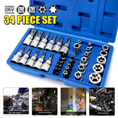 34pcs E Torx Star Female Bit Socket Set Security Bits 3/8  1/4  Drive E4 -E20 • $23.49