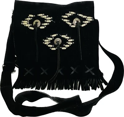 £8 • Buy City Of Leather Real Suede Black Boho Slouch Fringed Crossbody Shoulder Bag