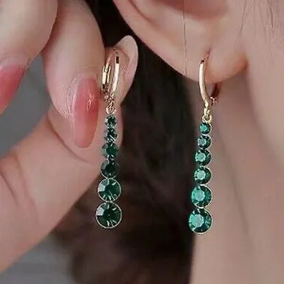 925 Sterling Silver Long Emerald Drop Gold Stud Earrings Womens Girls Gifts • £3.77