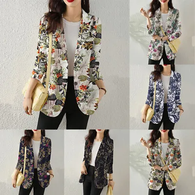 Women Printed Blazer Long Sleeve Tops Vintage Floral Cotton Casual Loose Jacket • £12.98