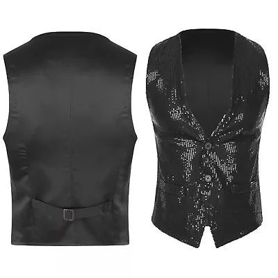 Mens Sequin Vest Shiny Suit V-Neck Party Dress Stylish Tailcoat Waistcoat Jacket • $14.62