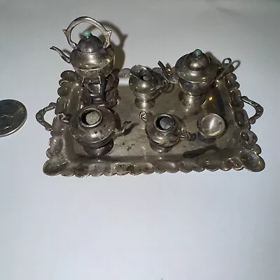 Dollhouse Sterling Silver Turquoise Tea Coffee Set & Tray Miniature Vintage 1:12 • $65