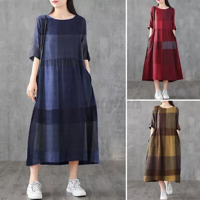 $16.40 • Buy ZANZEA Womens Summer Round Neck Plaid Midi Dress Ladies Party Baggy Dresses Fit