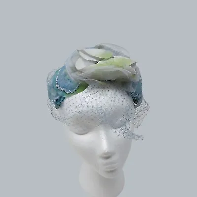 Vintage 60s Womens Hat Fascinator Net Blue Floral • $38.64