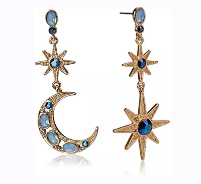 Betsey Johnson Celestial Moon & Star Drop Earrings | Crystal Accents | • $13.95