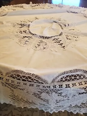 Vintage Round Tablecloth 100% Cotton White 68” Round Crochet Accent • $39