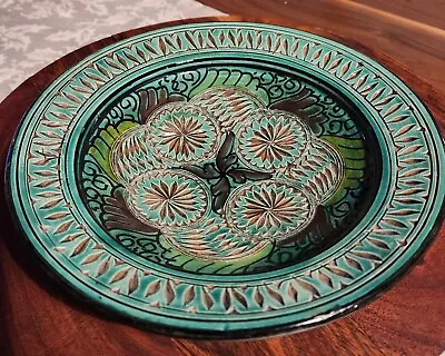 VTG Moroccan Safi Hand Painted Green Ceramic Redware 9  Bowl Wall Art Pottery  • $45