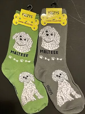 Maltese White Dog Pooch Puppy 2 Pairs Women's Foozys Canine Socks Cute  9-11 • $9.49