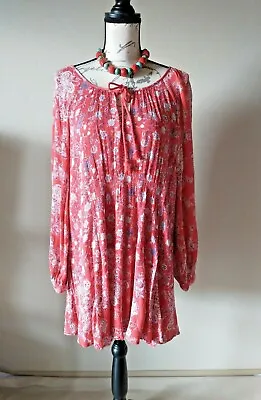 Free People Boho Mini Dress Red Floral Tassel Long Sleeve Lined 100% Rayon Sz.M • $34.98