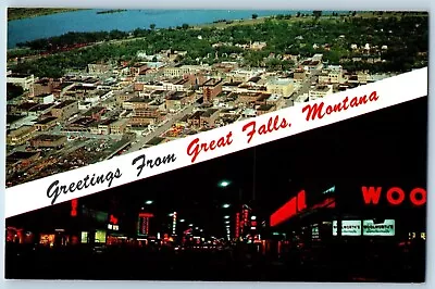 Great Falls Montana MT Postcard Greetings Aerial View Night Scene Multiview 1960 • £28.88