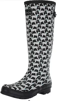 Joules Wellington Rain Boots Black White Dalmatian Dogs 10 US New With Box • $65