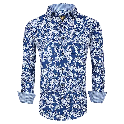 Mens PREMIERE Long Sleeve Button Down Dress Shirt Navy White PAISLEY 772 • $35.95