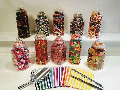 10 X 1L Plastic Sweet Jars Scoop Tong 100 Bags Sweet Candy Buffet Wedding  • £16.49