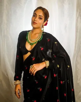Velvet With Beautiful Embroidery  Saree Indian Wedding Party Designer Black Sari • £29.99