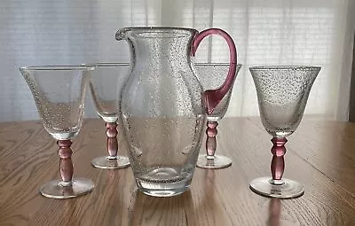 Vtg Pottery Barn Blown Bubble Glass Pitcher & Pink Stem Goblets Set Of 4 HEAVY • $119.99