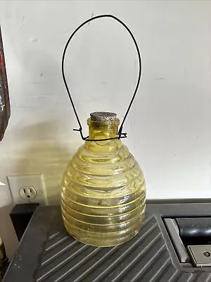 Vintage Yellow/Clear Glass Bee-Hive Shaped Wasp/Fly Trap With Cork • $28