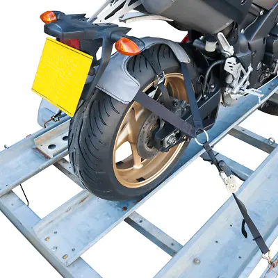 Motorcycle Rear Wheel Ratchet Tie Down Straps Brace Chock Trailer Van Tyre • $55.98