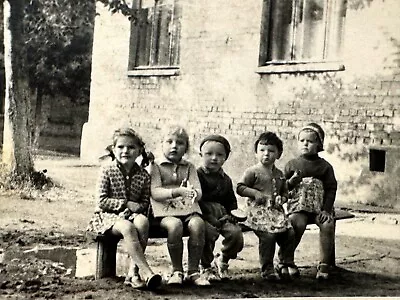 1960s Child Kids Little Girls Boys Sitting On Bench Vintage Photo B&W SNAPSHOT • £12.16