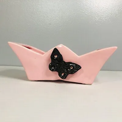 Vintage McCoy Jeweled Line Pink Zig Zag Crown Planter Vase With Black Butterfly • $98.96